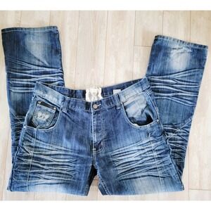 Focus USA FUSAI 38x35 Vintage Men's Jeans Sz 38 Distressed Denim Blue Boot Cut‎